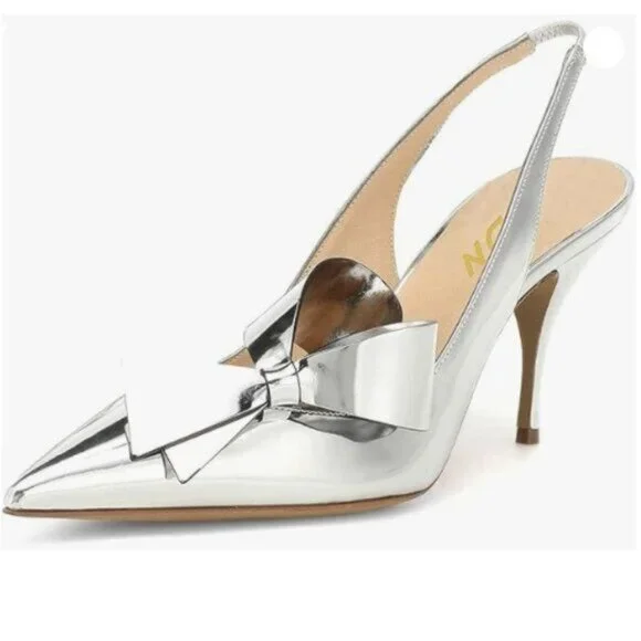 YDN Women Stiletto Heel Pumps Bow Pointed Toe Slingback Slip on Sandals Sliver - Picture 1 of 8